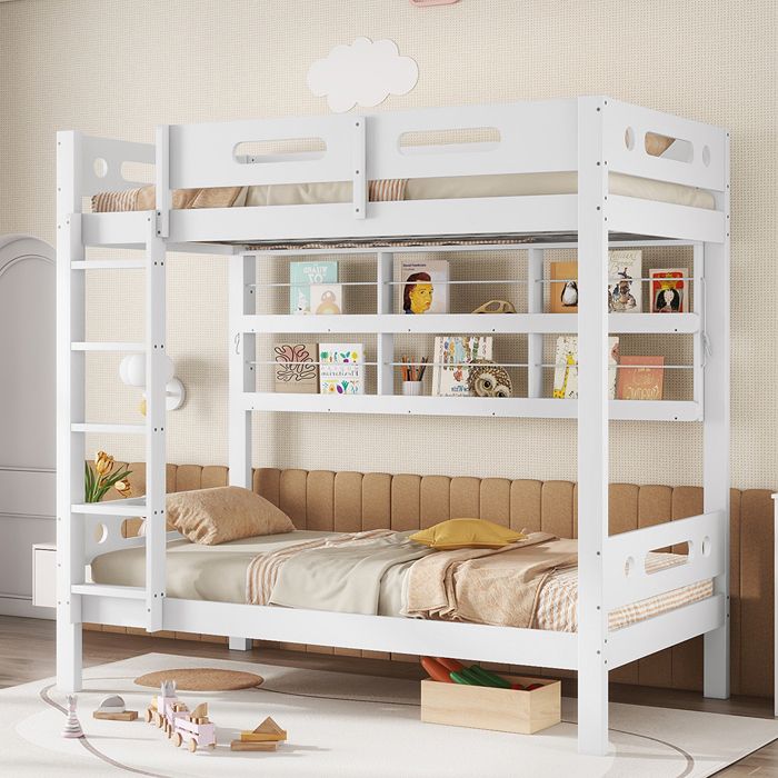 Lit superposé 90x200 cm lit enfant avec barrière de sécurité étagère rangement Pin+MDF Blanc