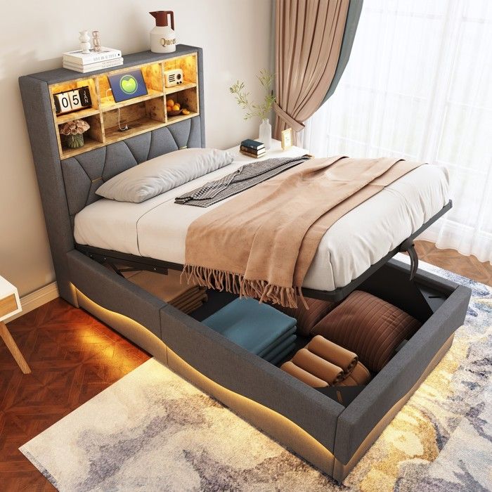 Lit capitonné enfant 90×200cm Lit coffre Lit rembourré en Lin avec Lumière LED ports USB rangement et sommier à lattes - gris