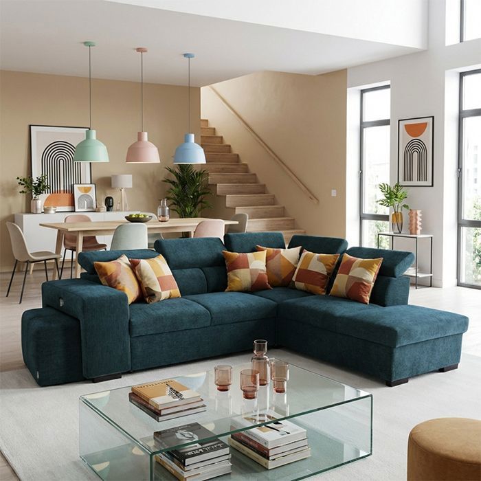 SIRIUS Canapé dangle reversible convertible Bleu océan -Réversible-L.- Taille L - 5 places - 267 x 218 x 94