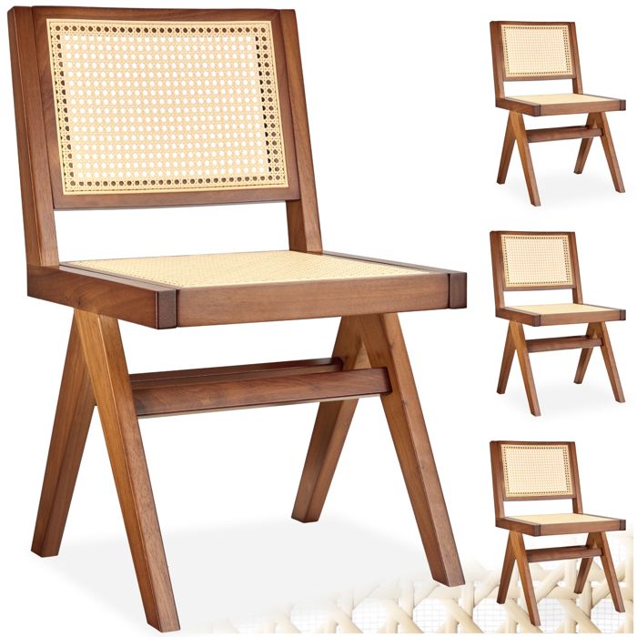 Chaise - TECTAKE - Lot de 4 fauteuils LISSY style boho cannage viennois en bois et accoudoirs 485 x 535 x 83 cm - Chêne foncé
