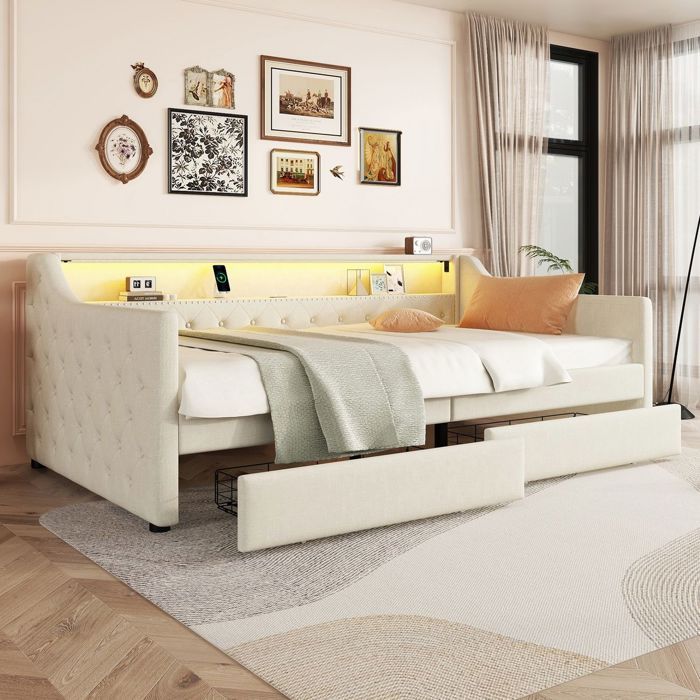 Canapé-lit 1 Personne 90x200cm Avec Tiroirs Et éclairage LED - Banquette Rembourrée, Ports USB, Sommier à Lattes - 6