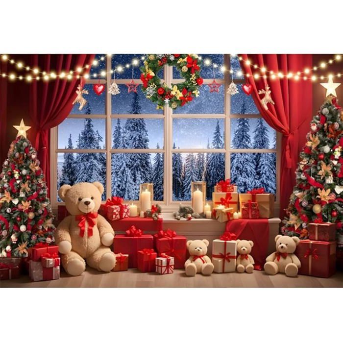 Toile De Fond Photo Noël 3x2 M - Forêt Enneigée, Arbre De Noël Rouge, Motif Hiver