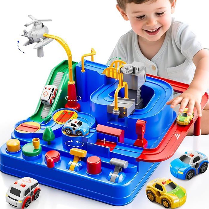 Circuit de Voitures XVX pour Enfants 4-8 AnsVille avec 3 Voitures(Style aléatoire)+HélicoptèreJouet Éducatif Cadeau