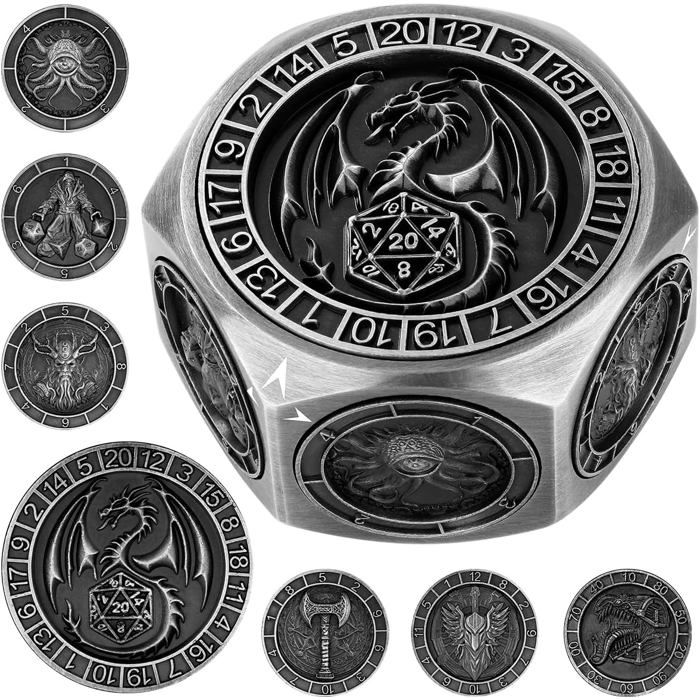 DND – Jeu de dés rotatifs polyédriques 7 en 1 en métal avec motif 3D, dés rotatifs polyédriques pour cadeaux DND avec logo dragon, accessoires de jeu de société, bronze