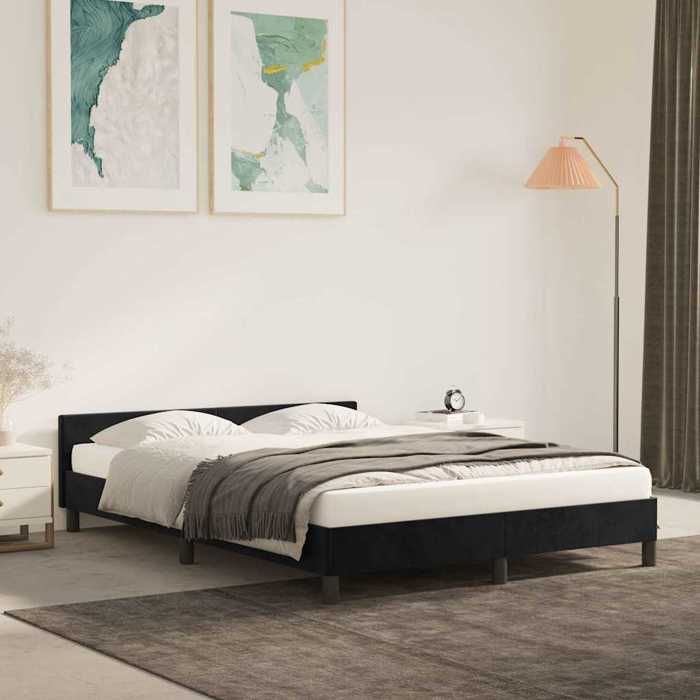 Cadre de lit en velours - Happiness - 140x190 cm - Noir - Velours doux - Construction robuste - Facile à monter