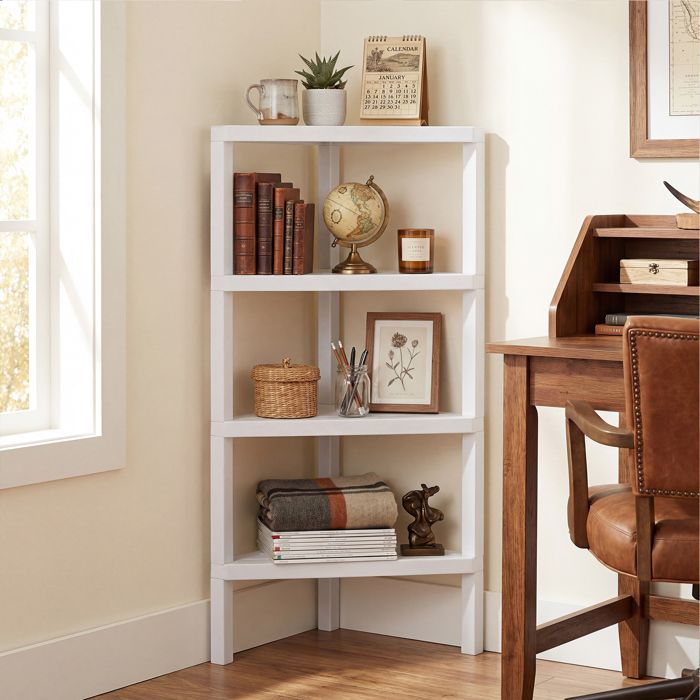 Meuble Étagère dAngle à 4 Niveaux COSTWAY Étagères Ouvertes à Lattes Support pour Plante pour Salon Cuisine Salle de Bain Blanc