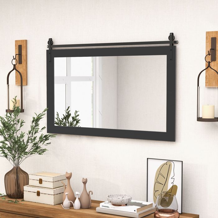 100 x 66 CM Miroir Murale Rectangulaire COSTWAY Cadre en Bois Massif Support en Métal pour Salon Chambre Salle de Bain Noir