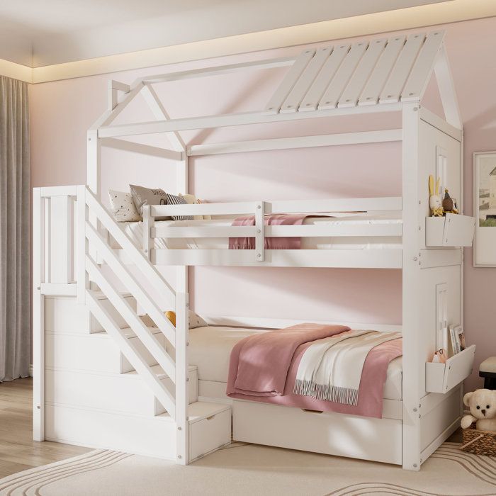 Lit superposé 90x200 cm blanc avec rangements intégrés escalier-tiroirs et étagères