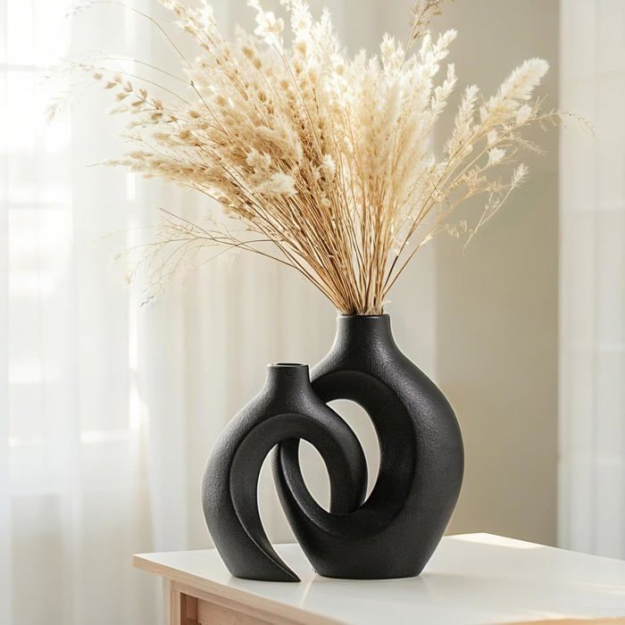 Lot de 2 Vases en Céramique Ronds - Style Nordique Minimaliste Bohème - Noir pour Décoration Maison Salon Bureau Ferme