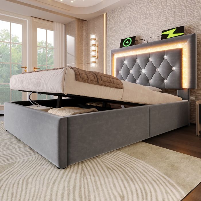 Lit Coffre Simple 90x200 cm - Lit avec Tête de Lit LED Diamant USB et Station de Charge Type-C Velours Gris - Sans Matelas