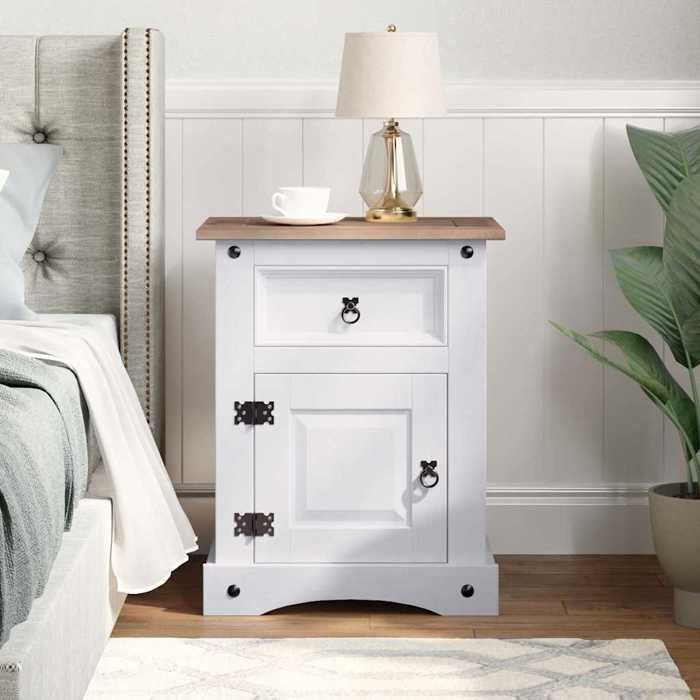Table de lit - Blanc - Armoire de chevet - 1 PC - Gamme Corona pin mexicain Blanc 53x39x67 cm T2962
