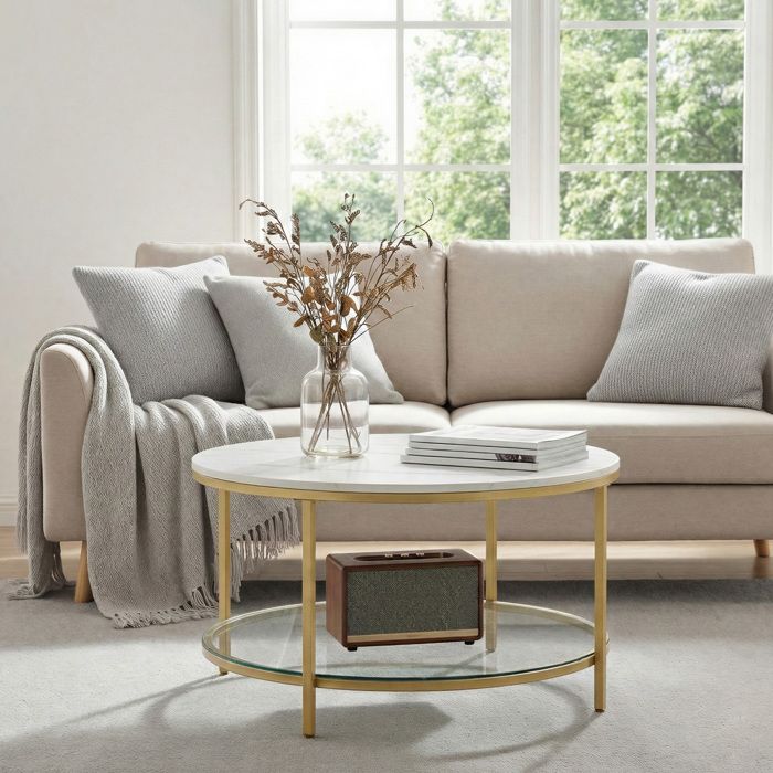 Table basse ronde avec étagère en verre trempé table de salon montage facile style moderne salon Blanc