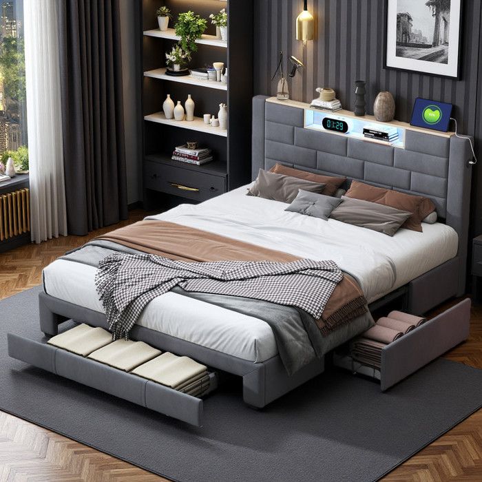 Lit à tiroirs - 140x200 Velours Gris - 3 tiroirs + coffre - Bandeau LED RGB + USB - Sommier inclus