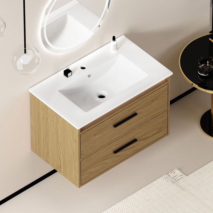 Meuble Vasque Salle de Bain 76x46.5x52cm Chêne Clair 2 Tiroirs Spacieux Grand Espace Rangement Design Pratique Intérieur Meuble Vasque Salle de Bain 76x46.5x52cm Chêne Clair 2 Tiroirs Spacieux Grand Espace Rangement Design Pratique Intérieur