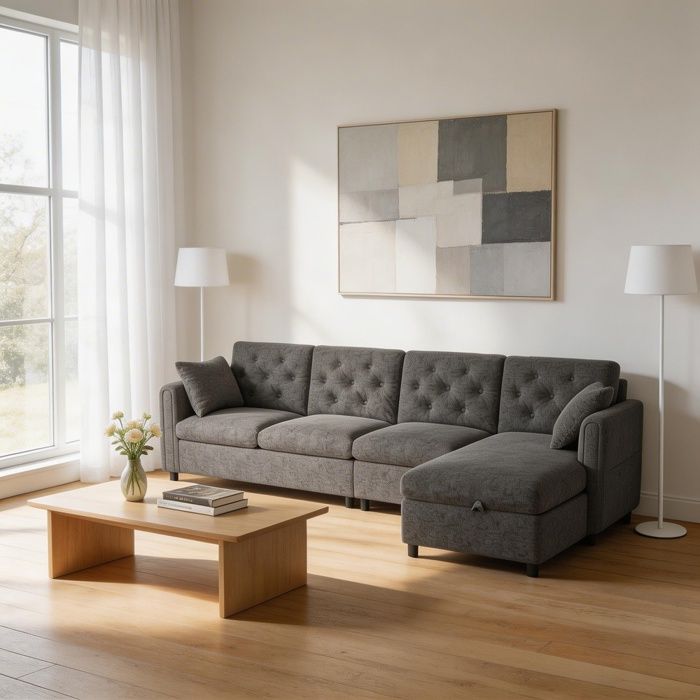 Canapé angle velours moderne rangement réglable G/D accoudoirs poches capitonné Gris 281x86x71 cm