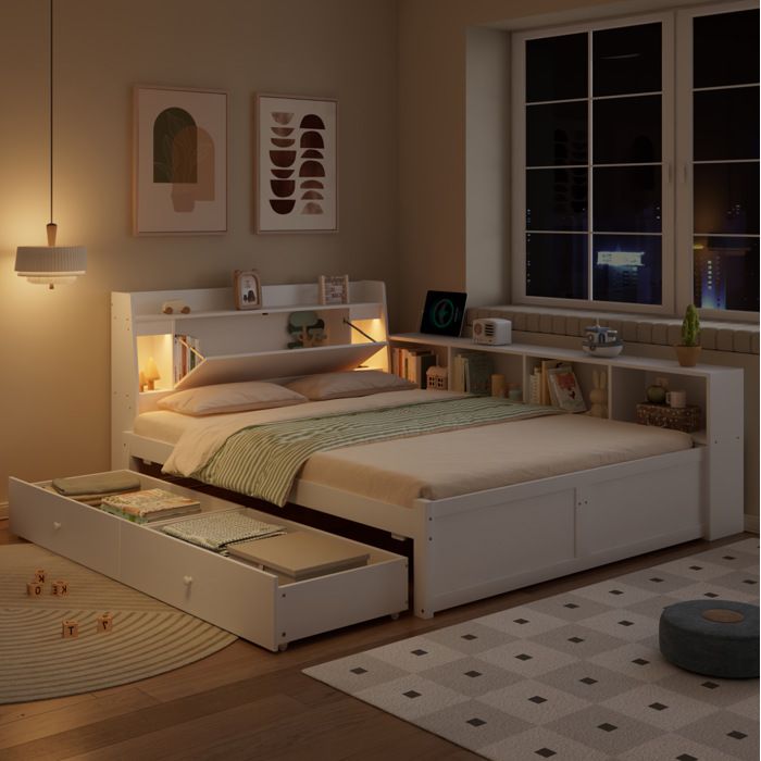 Lit adulte 140x200 cm avec rangement 2 lampes et prise de charge tiroirs et meubles latéraux bois blanc