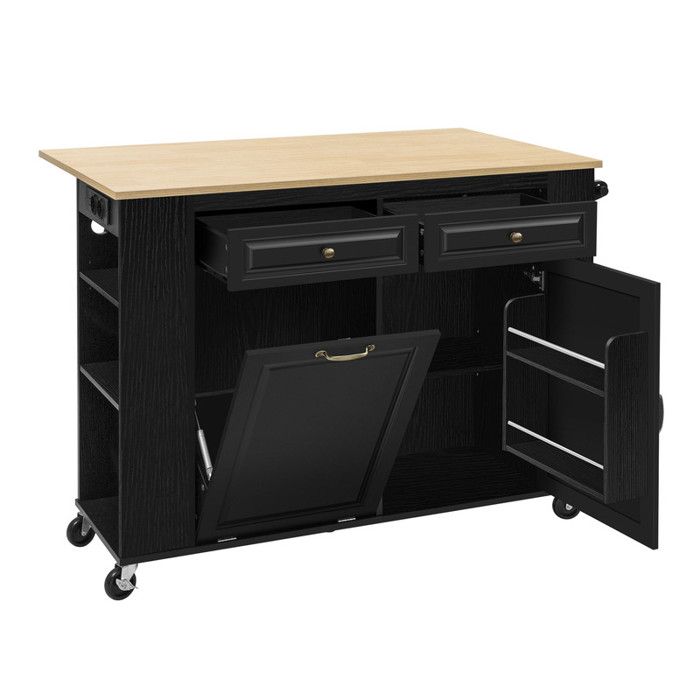 Îlot de cuisine mobile noir sur roulettes extensible multiprise intégrée bac à déchets et porte-serviettes pour cuisine