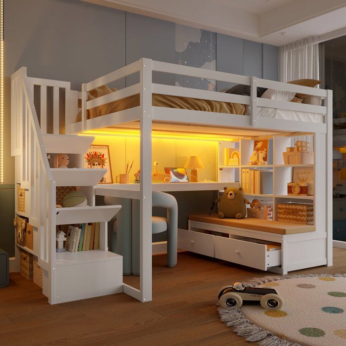 Lit mezzanine enfant 140x200 cm avec bureau éclairage LED escalier de rangement étagères et 2 tiroirs - pin massif - blanc