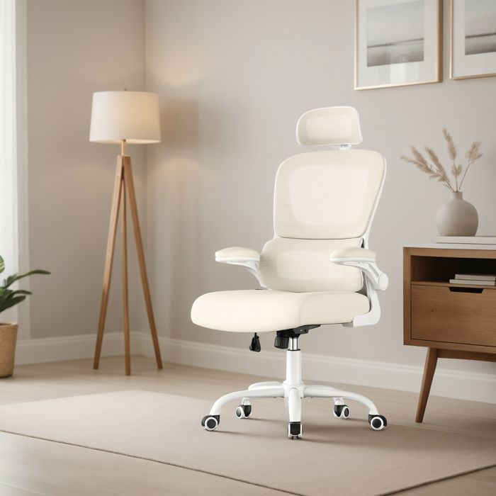 Chaise de Bureau Ergonomique Accoudoirs Rabattables Soutien Lombaire et Appui-Tête Réglables Fonction de Bascule Beige