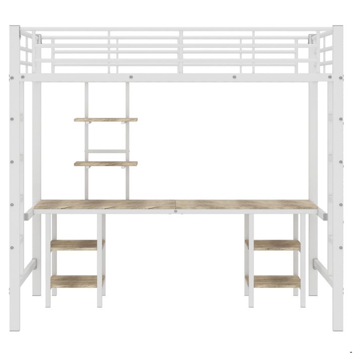 Lit enfant en fer blanc 90x200cm avec échelle latérale table et étagères cadre sécurisé avec barrières