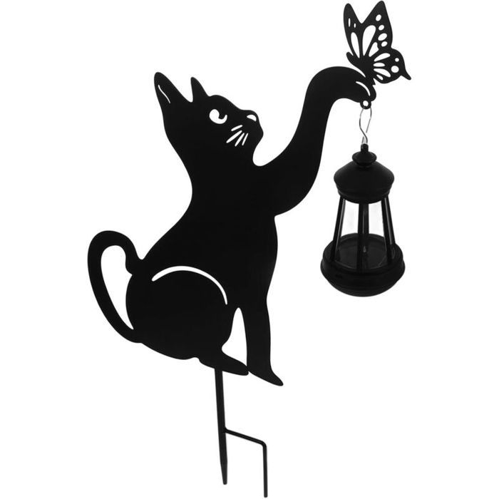 Lampe solaire jardin forme chat fer décoration extérieure piquet pour cour
