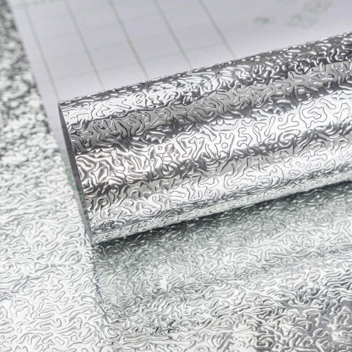 Argent Auto-adhésif Papier peint vinyle aspect feuille daluminium Imperméable à leau et aux graisses pour les placards de cuisin