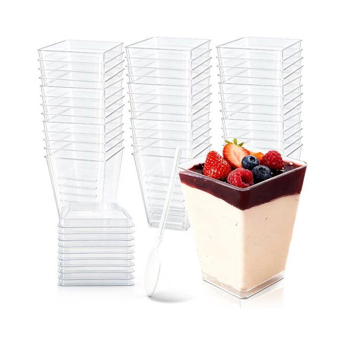 50pcs Verrines à dessert Avec couvercles et cuillères Coupes apéritif en plastique Mini Petites Réutilisables transparentes carrées