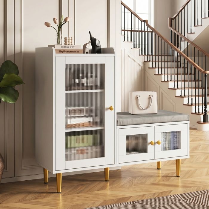 Banc dentrée - Meuble à chaussures anti-poussière -Anajqaqia- Meuble à chaussures à 3 portes - 4 compartiments de rangement - Blanc
