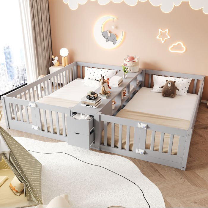 Lit combiné enfant en bois 2 x 90 x 200 cm - gris - 2 tiroirs et étagère centrale