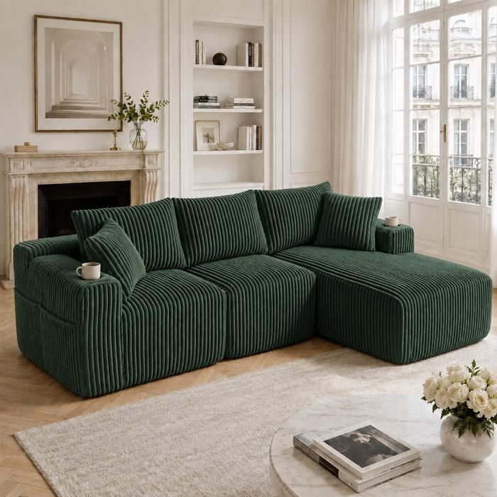 Canapé modulable avec méridienne et 2 places en velours côtelé vert émeraude 5 coussins porte-gobelets