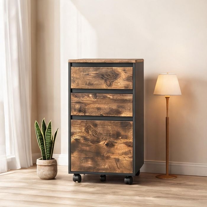 Armoire De Bureau - Meuble de rangement mobile en bois d’ingénierie deep black et chêne foncé – 3 tiroirs et 1 plateau pour bureau