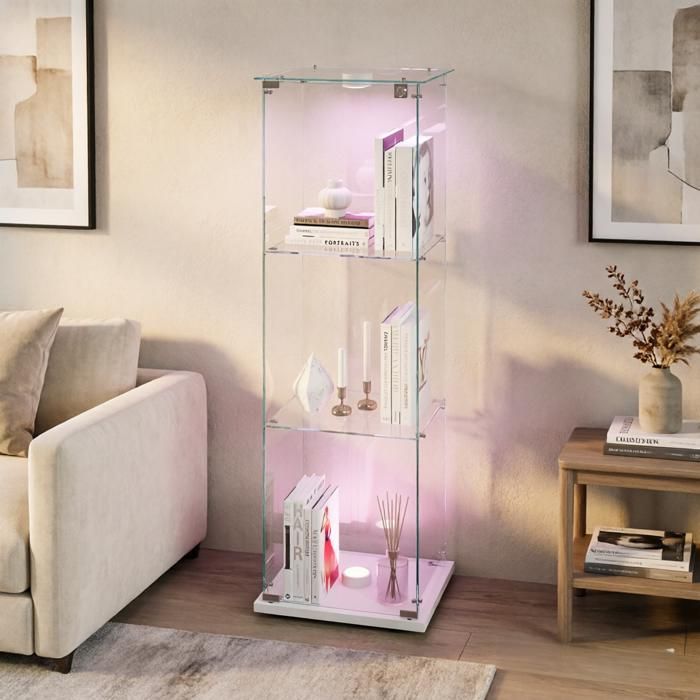 Transparent Vitrine avec lampe Sur pied Vitrine trempé moderne en Verre avec 3 Couches avec Porte pour salon 40x35x123.3cm Blanc
