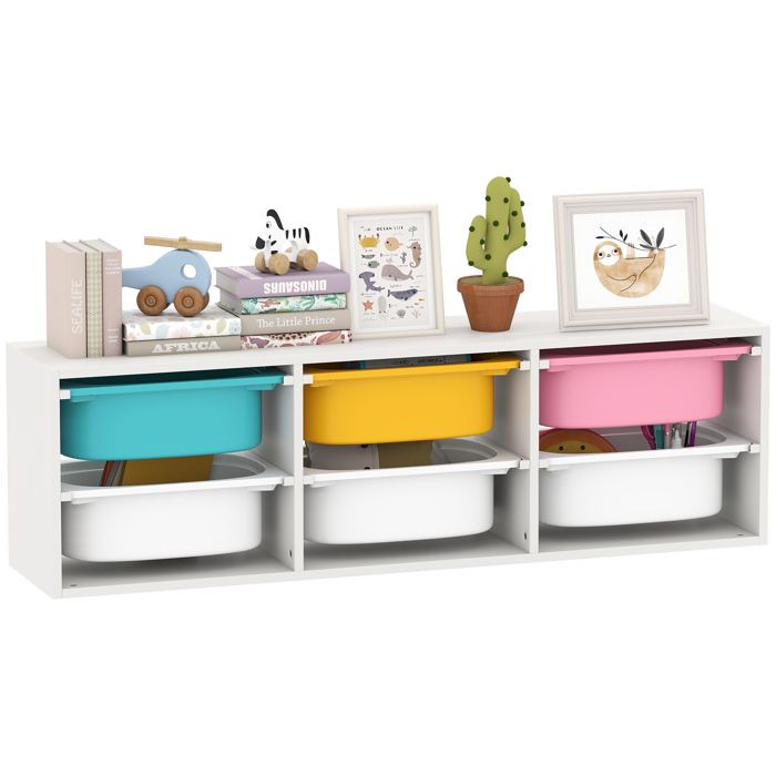 Meuble rangement enfant à 2 niveaux étagère de rangement pour jouets enfants avec 6 bacs amovibles 97x21x29cm blanc Meuble rangement enfant à 2 niveaux étagère de rangement pour jouets enfants avec 6 bacs amovibles 97x21x29cm blanc