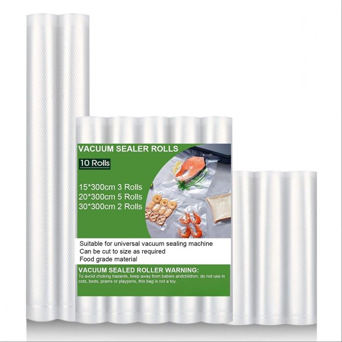 Rouleaux de Sacs Sous Vide Lot de 10 - 3 Tailles Assorties - Sacs de Conservation Alimentaire Gaufrés PA+PE - Transparent