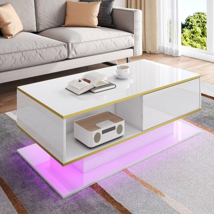 Table Basse LED Blanche Et Or Table De Salon Moderne FloraGrace Pour Salon Et Sejour 3 Tiroirs Et Niche Ouverte 100x50x40cm