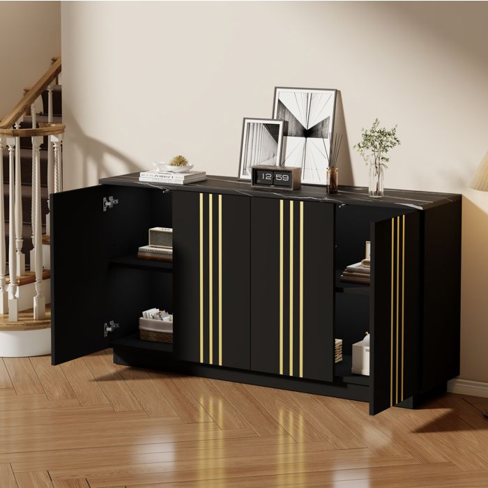 Buffet et enfilade 4 Portes avec Cloisons Réglables Plateau Aspect Pierre - YEAVIO - Noir et Doré Salon 140×35×70 cm