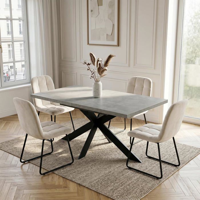 JIEXI Table de salle à manger extensible et 4 chaises 130 à 170 cm table de cuisine en MDF grise avec chaises en velours beige