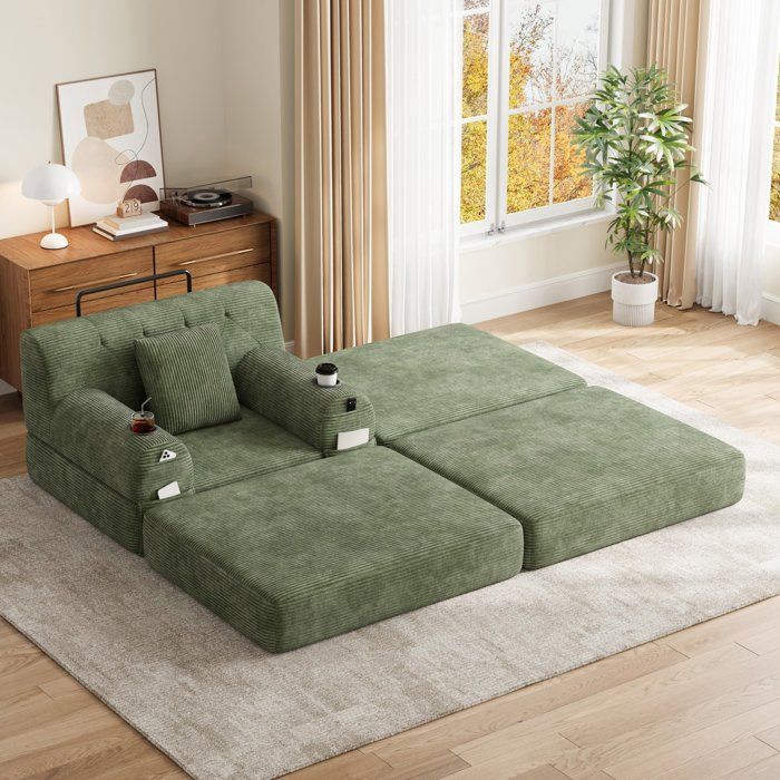 WUVRIE Fauteuil-lit 1 place avec pouf velours cotele vert dossier haut 2 porte-gobelets 4 poches sans montage