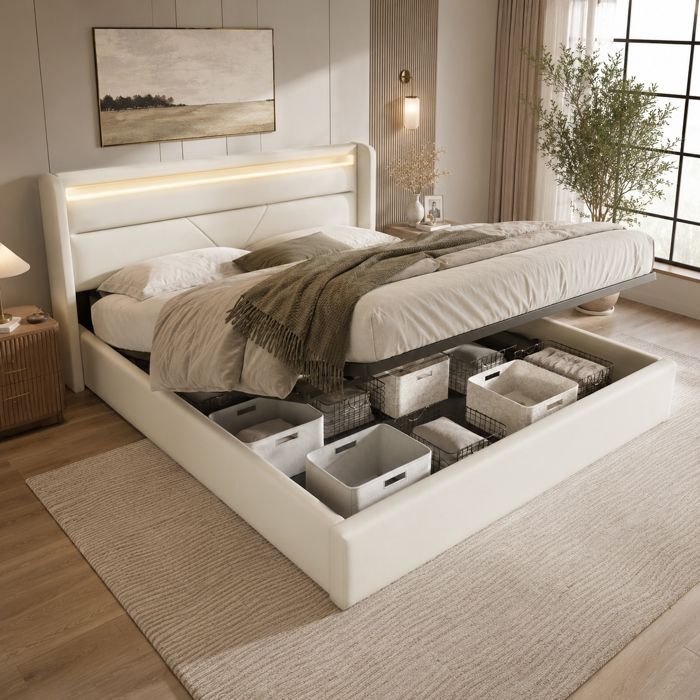 Lit escamotable hydraulique 160x200cm LED blanc avec télécommande