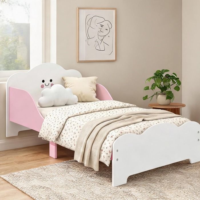 Lit enfant au sol thème barbe à papa 70x140 cm avec barrière de sécurité en MDF rose