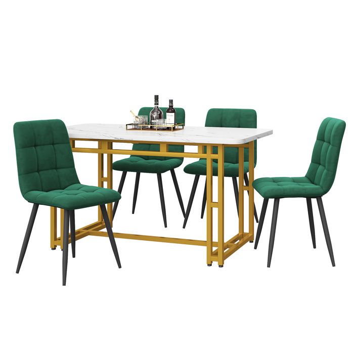 Ensemble table repas 120 x 70 cm avec 4 chaises velours vert foncé plateau en MDF effet marbre pieds métal doré
