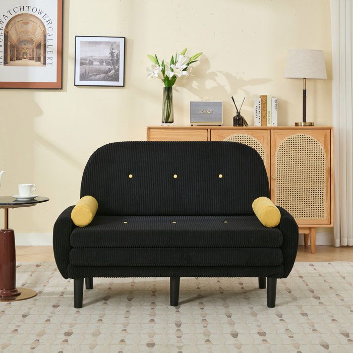 Canapé convertible avec rangement - Velours côtelé noir - Format loveseat - Fonction lit de jour - Dossier réglable