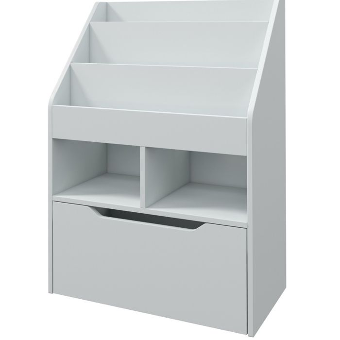 Bibliothèque enfant – meuble de rangement 3 porte-livres 2 niches et 1 tiroir à roulettes gris 60 x 29 9 x 90 cm