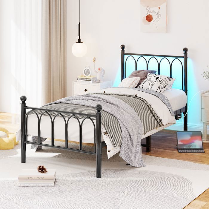 URTR Lit plateforme métal 90x200cm - Avec Rangement sous lit - éclairage LED/prise - Tête et pied de lit vintage - Noir