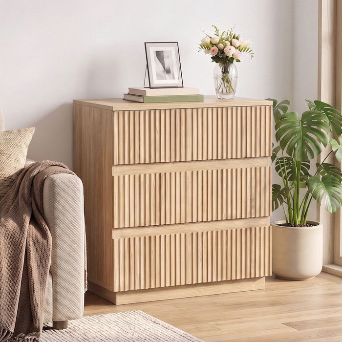 Commode avec 3 Tiroirs - ALIGHTUP - Design cannelés Rangement Meuble Chambre Chêne 60 x 33 x 56 cm Commode avec 3 Tiroirs - ALIGHTUP - Design cannelés Rangement Meuble Chambre Chêne 60 x 33 x 56 cm