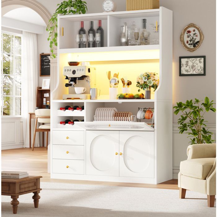 Colonne de cuisine avec 3 tiroirs portes vitrées coulissantes et LED RGB - en MDF et métal - 120×40×180 cm - blanc