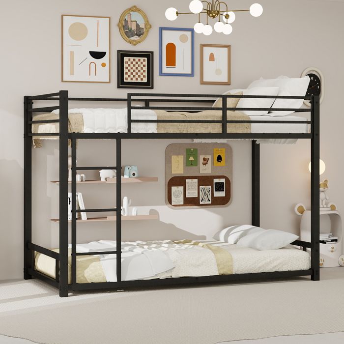 Lit superposé métal 90x190cm - 2 couchages cadre robuste échelle 3 marches barrières sécurité capacité 200kg sans matelas