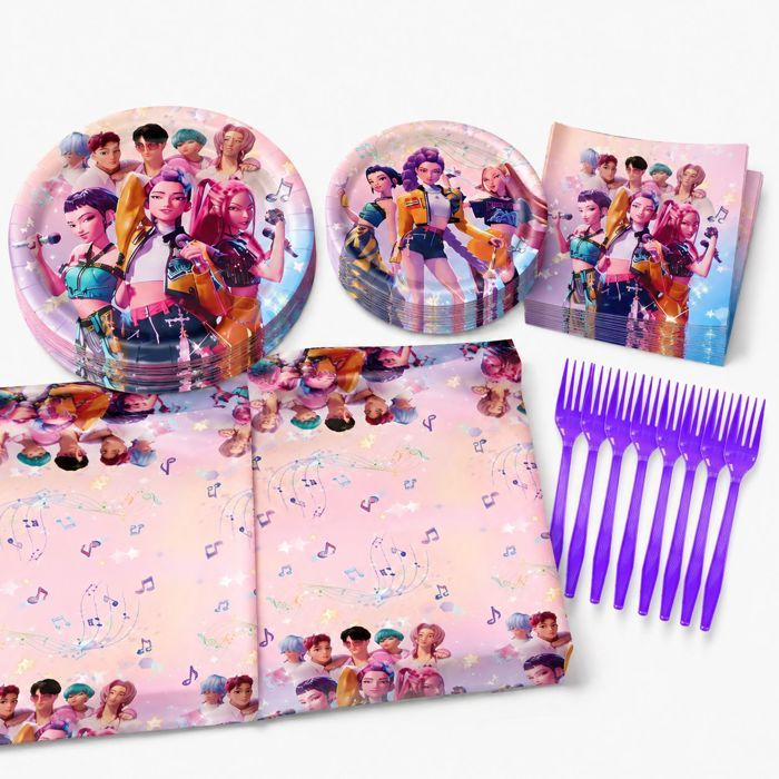 Kit Décoration Anniversaire – Assiettes Nappes Fourchettes Jetables – Déco Anniversaire Fille Kpop – 5 Pièces Violet