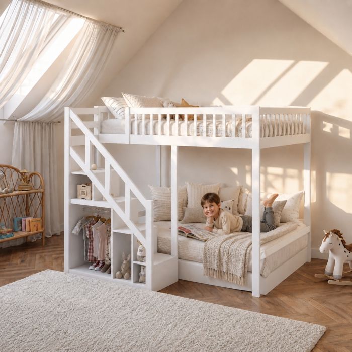 Lit Mezzanine 140x200 cm Lit Superposé Enfant Escalier de rangement barrières sécurité Lit Double mezzanine Bois massif Blanc