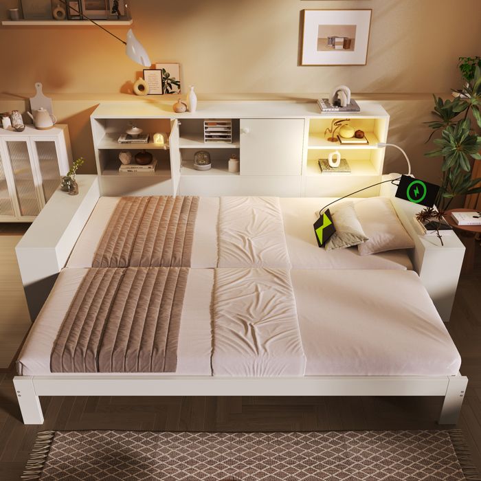 Lit avec rangement 90x200 cm blanc lit canapé extensible en bois avec double portes ports USB USB-C lit double compact lit enfant